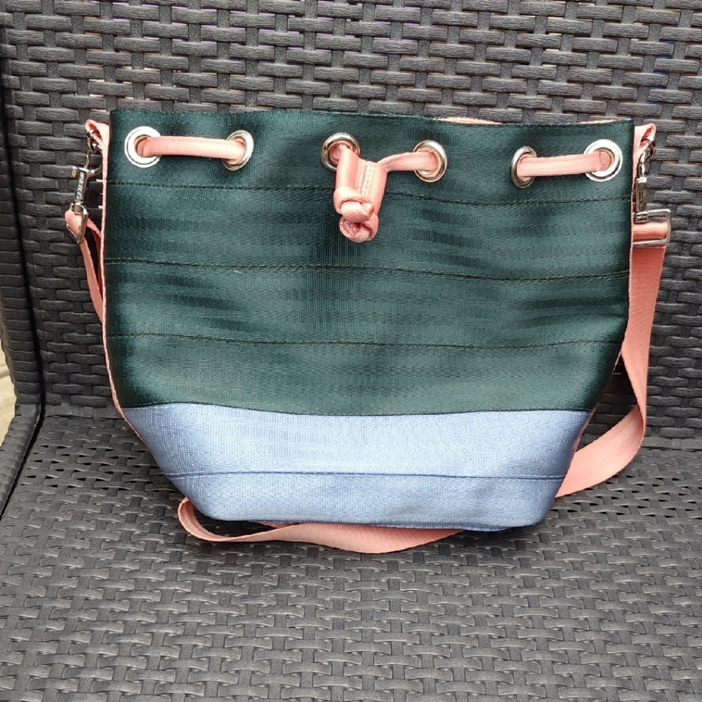 Green and Blue Bucket Bag with Pink Accents